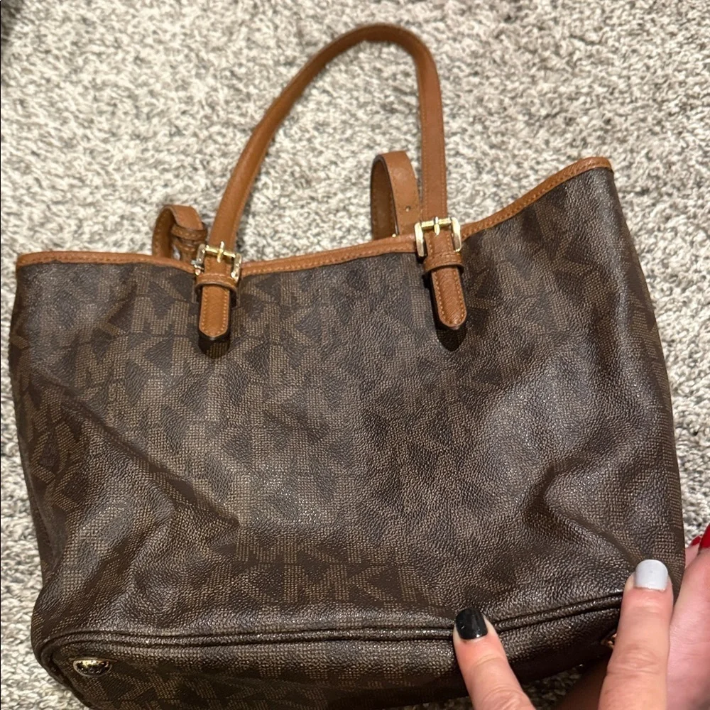 Michael Kors Dark Brown Tote Tan Accents MK gold purse bag designer handbag